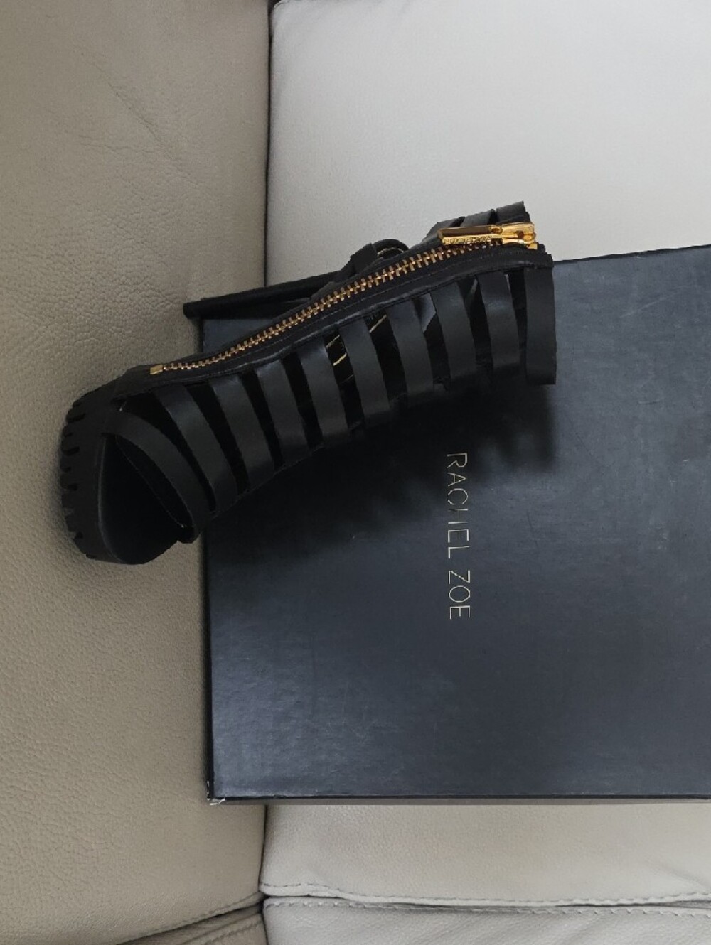 Rachel Zoe Black Strappy Cage Heels with Gold Zipper - Picture 6 of 7